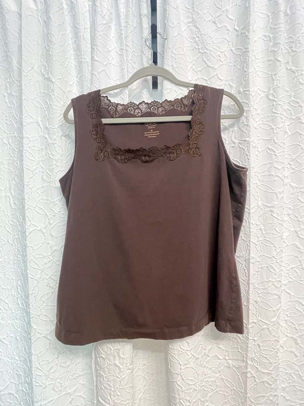 Talbots Brown Lace Trim Tank Top Size 1X Sleeveless Knit Cami Blouse Women